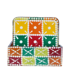 Home a handcrafted dual sided coaster set (6pcs) featuring vibrant dot art on one side and expressive tribal painting on the other.